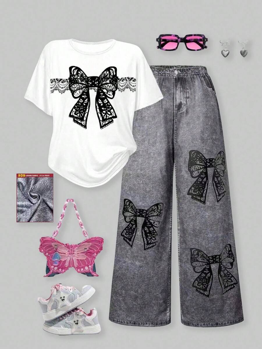 SHEIN ChillGRL 2 件套青少年女孩时尚街头蝴蝶结印花宽松短袖上衣和阔腿宽松裤套装，适合休闲外出，春夏季 - 白色 - 查看 1