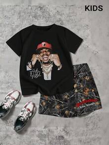 SHEIN Coolqubz Bộ 2 món áo thun tay ngắn in hình nhân vật dành cho bé trai tuổi mới lớn và quần short thường ngày - màu đen - Xem 6