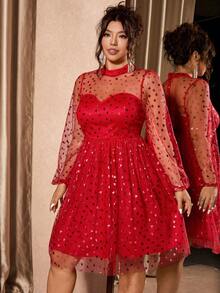 Cravure Váy dài tay họa tiết trái tim, thắt eo cỡ lớn dành cho nữ - Đỏ - Xem 3