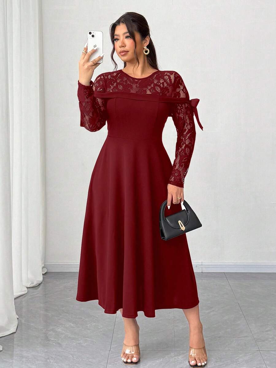 Elenzga Váy ren vá thanh lịch cỡ lớn cho nữ - Màu Đỏ Sâu - Xem 1