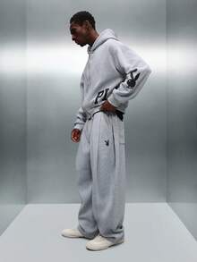 PLAYBOY X SUMWON Relaxed Fit Essential Sweatpants With Logo Bunny Emblem Casual Lounge Pants For Daily Comfort - Light Grey - View 1