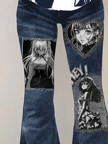 SHEIN Leap Crew 两件套少女休闲简约黑白印花短袖宽松T恤和喇叭裤套装，适合夏季穿着 - 白色 - 查看 4