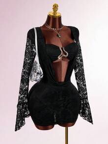 Y2K Amplova Women's Sexy Party Metallic Lace Plunging Draped Neck Mini Dress Suit, New Year Outfit, New Year Club Party Holiday Celebration Dress, Suitable For Party, Christmas, Autumn/Winter Lace Outfit Women Black Lace Bodysuit Black See Through Dress Sexy Women Clothes Lace 2 Piece Set - Black - View 1