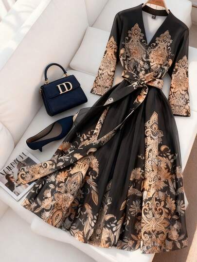 Franclia Women's New Elegant Floral V-Neck Swing Dress With Belt And Long Sleeves, Long Dress For Spring And Autumn