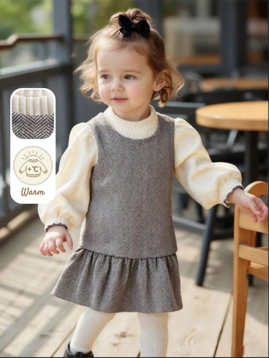 Souflis 2 件套法式 2025 秋冬休闲无袖连衣裙和高领上衣套装，适合上学、郊游、派对和多种场合，女孩装 - 彩色 - 查看 1