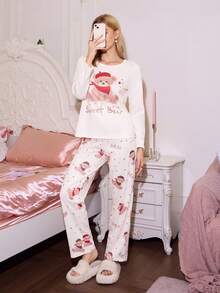 SweetSlumber 可爱舒适的休闲小熊印花女士睡衣套装，卡哇伊睡衣，女士可爱睡衣套装，女士睡衣，冬季服装 - 杏色 - 查看 4