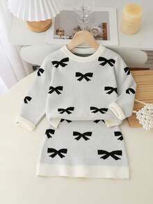 Autumn New Girls Grey Fairy Sweater Set,Elegant Jacquard Bow Design Long Sleeve Knit Top & Mini Skirt,Cute Clothes For Festivals,Daily Outings&Gifts - Multicolor - View 3