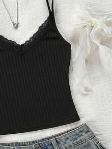 Tween Girl Solid Color Contrast Lace Ribbed Ballet Style Camisole - Black - View 4