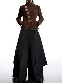 LYSMO New Minimalist Women Winter Metal Single-Breasted Stand Collar Long Sleeve Fashion Jacket, Brown - Coffee Brown - View 6