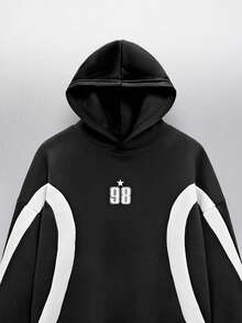 NEON BLANC 男女通用针织拼接宽松插肩袖数字图案印花连帽衫，适合秋冬季穿着 - 黑色 - 查看 3