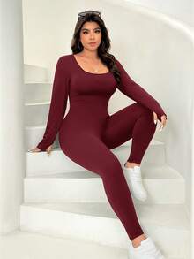 SHEIN EZwear 秋冬季针织大码保暖连体裤 - 酒紅色 - 查看 3