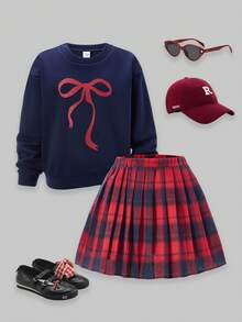SHEIN ChillGRL 2pcs/Set Tween Girls Loose Casual Cute Bowknot Print Crew Neck Long Sleeve Top & Pleated Plaid Skirt Set, Suitable For Daily, Commute, Leisure, Vacation, Gathering With Friends, Street Snap