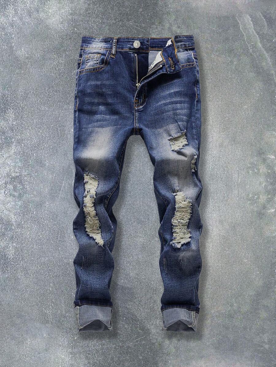 Coolqubz 青少年男童休闲百搭破洞修身牛仔裤，男女通用 - 深色水洗藍 - 查看 1