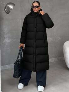 EURMUSE 冬季长款大码拉链连帽大衣 - 黑色 - 查看 5