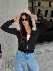 SHEIN Tall Women's Casual Retro Fitted Hooded Jacket With Fur Collar, Suitable For Spring/Summer And Autumn/Winter - Black - View 3