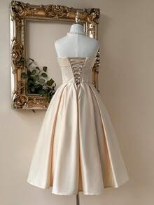 Lovelzi Váy dạ hội trang trọng bằng vải satin sâm panh sang trọng, thủ công đính đá Rhinestone - Rượu sâm banh - Xem 3