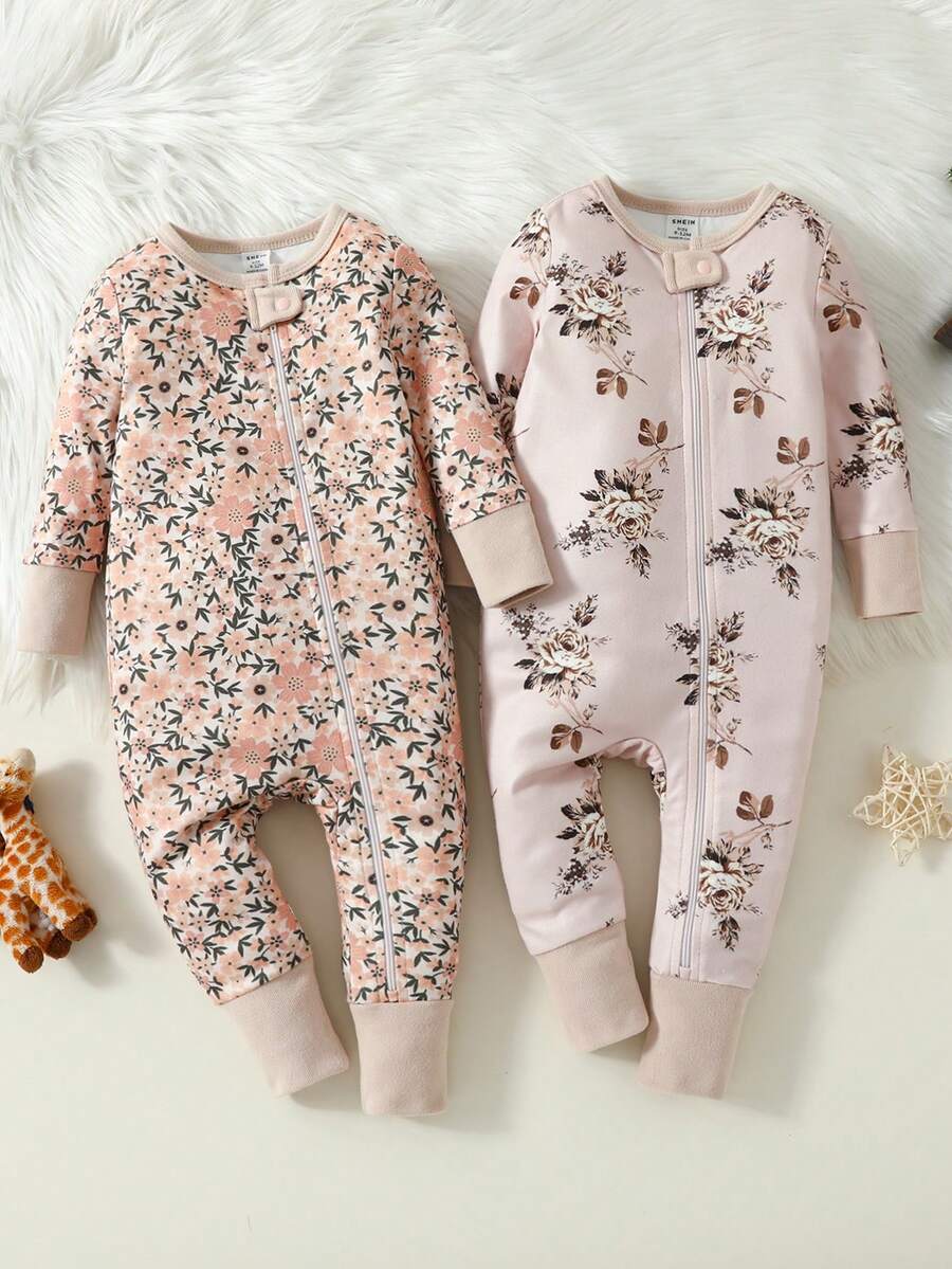 嬰兒女童花卉印花圓領長袖連體睡衣