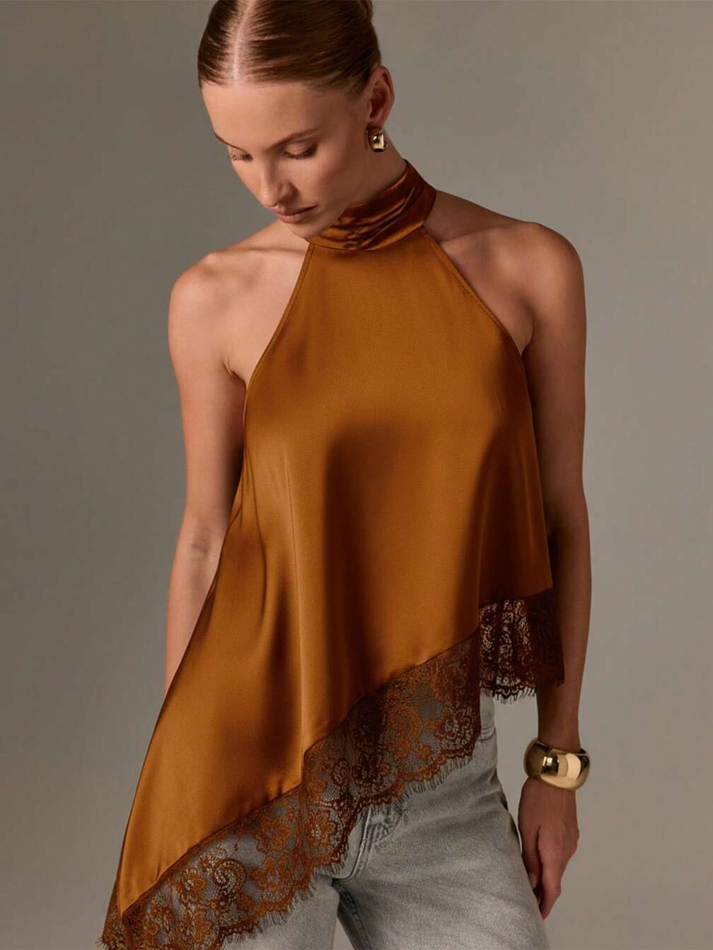 AiiRZ Halter Neck Satin Top With Asymmetrical Lace Hem Detail For