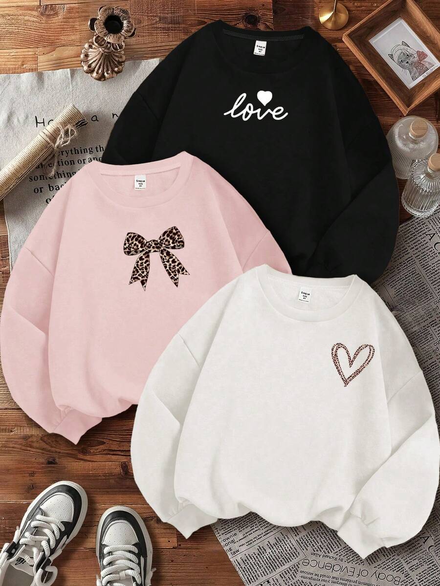 SHEIN Leap Crew 3件套复古奶油白、奶油粉、黑色豹纹爱心、豹纹蝴蝶结、字母图案少女休闲宽松圆领长袖卫衣,适合秋冬季穿着。 - 彩色 - 查看 1