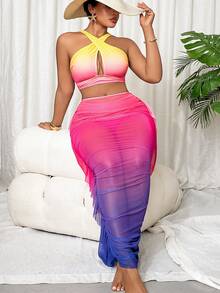 Slaydiva Ombre Print Sexy Ruched Ruffle Trim Swimwear Top + Bikini Bottom + Maxi Skirt Plus Size Swimwear Set - Multicolor - View 6