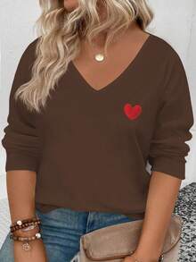 EMERY ROSE 女士爱心印花V领长袖加大码T恤，秋冬季流行款 - 咖啡棕 - 查看 1