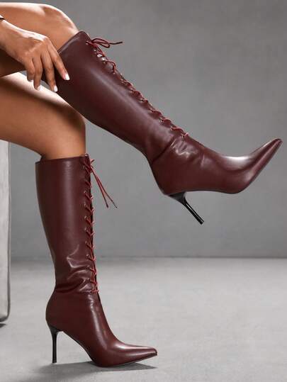 CUCCOO SZL Women's Minimalist Casual Solid Color Slim Heel Mid-Calf Boots For Christmas