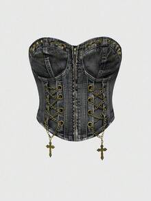 ROMWE Avant Spring/Summer PPlus Size Distressed Vintage Washed Denim Halter Top With Metal Cross Pendant - Black - View 1