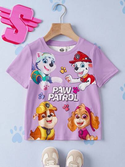 SHEIN | PAW Patrol Camiseta de manga corta con cuello redondo y estampado de perro de dibujos animados, casual y linda para niña, verano