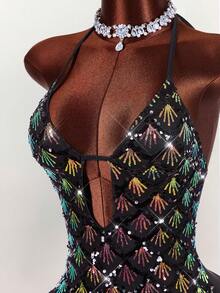 Y2K Amplova Deep V-Neck Halter Sequin & Furry Patchwork Bodycon Mini Dress - Multicolor - View 4