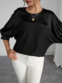 Rafferiza Women's Casual Loose Patchwork Mid-Sleeve Black Shirt, Suitable For All Seasons - Black - View 3