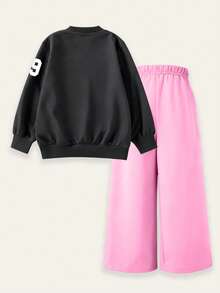 SHEIN Explorewe 2pcs/Set Girls Casual Fashion V-Neck 79 Los Angeles Graphic Sweatshirt & Wide Leg Pants, Autumn/Winter - Multicolor - View 4