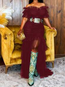 Veslaya 2025 Plus Size Women's New Spring/Summer Elastic Waist Bohemian Sheer Off Shoulder Ruffle Hem Elegant Maxi Dress - Suitable For Music Festivals, Easter, Boho Events, Nashville Style Occasions, Birthday Parties, Graduations, Student Casual Wear, Leisure, Vacation, Cruise Travel, Beach, Sunbathing, Casual Resorts, Beach Activities - Burgundy - View 5