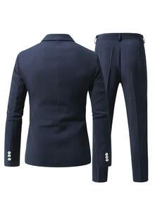 Manfinity Mode Men's Solid Color Business Commute Suit Set (Jacket And Pants) Men Casual Suit Mens Casual Suits Slim Fit Men Elegant Outfit Men Navy Blue Outfit Men Classy Outfits - Navy Blue - View 2