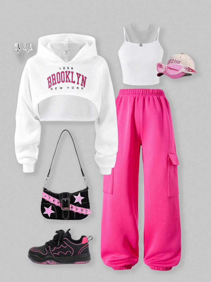 SHEIN ChillGRL 少女三件套针织字母印花卫衣、吊带背心和工装裤套装，带保暖内衬，舒适贴身，展现青春个性，适合秋冬季节穿着。 - 玫紅色 - 查看 1