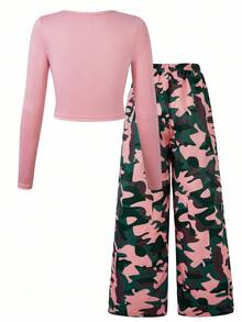 SHEIN ChillGRL 2 件套 Tween Girl 纯粉色圆领长袖上衣和粉色迷彩裤，街头时尚 - 彩色 - 查看 4