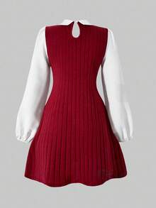 SHEIN ChillGRL Streecool Teen Girl Casual College Style Teen Girl Patchwork Long Sleeve Short Casual Dress Fall Winter - Red - View 4