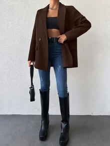 EURMUSE Women's Fashionable Business Casual Commuter Office Solid Color Double-Breasted Blazer Dark Brown Summer - Brown - View 3