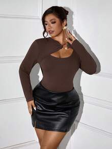 Femmeverse Plus Size Women Casual Loose Knit Bodysuit - Brown - View 6