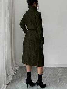SHEIN Elenzya 女士纯色系带口袋优雅毛衣连衣裙 - 軍綠色 - 查看 2