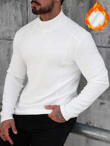Manfinity CasualCool Men's Solid White Autumn Basic Casual Holiday T-Shirt,Mock Turtleneck Thermal Lined Patchwork Long Sleeve Winter Undershirt - White - View 1