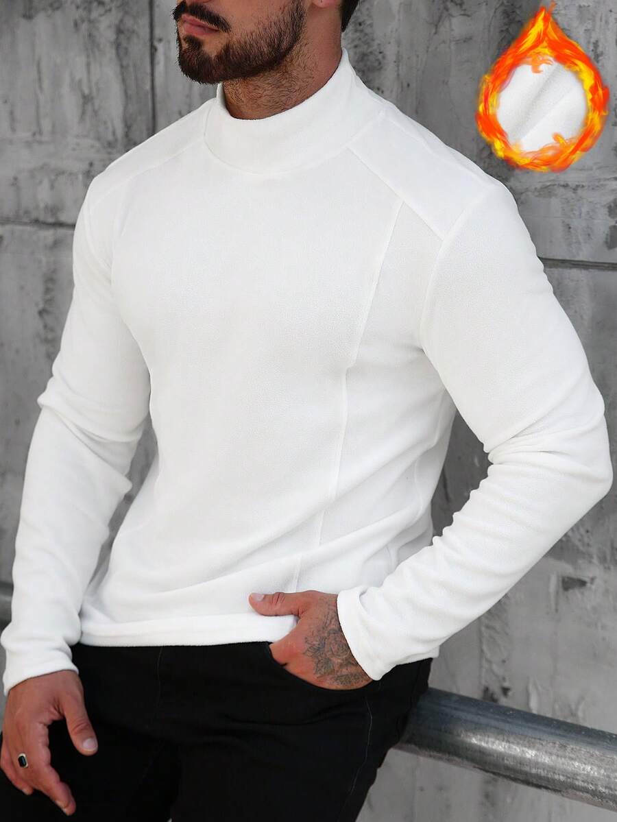 Manfinity CasualCool Men's Solid White Autumn Basic Casual Holiday T-Shirt,Mock Turtleneck Thermal Lined Patchwork Long Sleeve Winter Undershirt - White - View 1