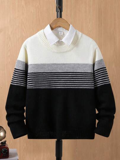 SHEIN 1pc Men's Pullover Sweater, Minimalist Crew Neck, Tricolor Patchwork Casual Style, Regular Thickness, Neat Hem & Cuffs, Fashion Versatile Pullover Sweater, Suitable For Daily Wear, School, Outdoor Activities Or Home, Autumn/Winter Knit Sweater Sweaters For Teen Boys 8 Years Old Boy Knitwear Boys Striped Sweater