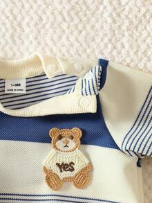 SHEIN Nueva llegada de otoño Ropa casual para bebé recién nacido con parte superior a rayas de color contrastante, bordado de oso lindo, suave y acogedor, con botones en el hombro fácil de poner y quitar - Azul - Ver 5
