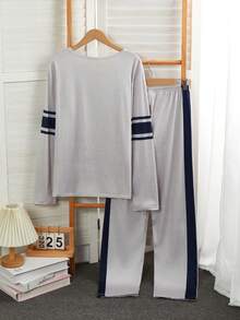 Teen Boys Sport Stripe Loungewear Set,Gray Navy 2-Piece Combo Round Neck Long Sleeve Top&Loose Pants Pajama Set For Winter Holiday New Year Essential - Light Grey - View 2