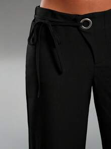 Normani Quần ống rộng ống rộng màu xám trơn, thường ngày, đi làm, giải trí, thường ngày, quần ống rộng có dây rút trang trí eo - màu đen - Xem 3