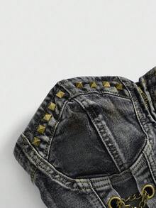 ROMWE Avant Spring/Summer PPlus Size Distressed Vintage Washed Denim Halter Top With Metal Cross Pendant - Black - View 4