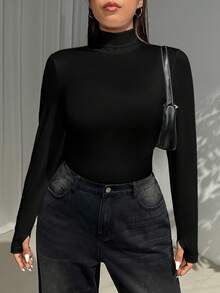 SHEIN EZwear Plus Size Women Black Turtleneck Long Sleeve T-Shirt, Versatile For Autumn/Winter,Christmas,New Year,Thanksgiving,Party,Wedding,Beach,Graduati,Chic,Elegant,Casual,Going Out,Date,Appointment,Commute - Black - View 3