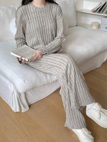 Teenage Girl Knitted Fuzzy Ribbed Crew Neck Long Sleeve T-Shirt And Pants Casual Outfit - Beige - View 4