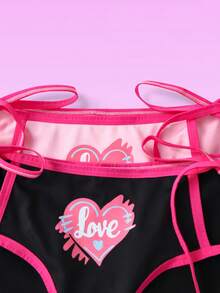 Notgurli 2pcs/Set Pink/Black Pink Heart Print Women's Hipster Panties, Sexy Hollow-Out Side Tie - Multicolor - View 3