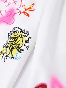 SHEIN ChillGRL 2pcs Tween Girls Plain Rabbit Graphic Tee And Graffiti Printed Pants Set Outfit Sets Girls Summer Holiday - Pink - View 3